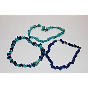 Vintage 925 Sterling Turquoise Lapis Chip Bead Stretch Bracelet Set 3pc
